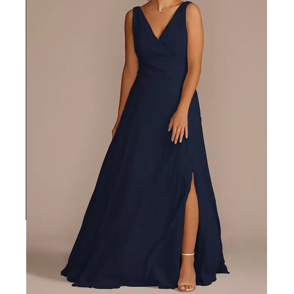 Davids Bridal Surplice Tank Long Chiffon Bridesmaid Dress, Marine